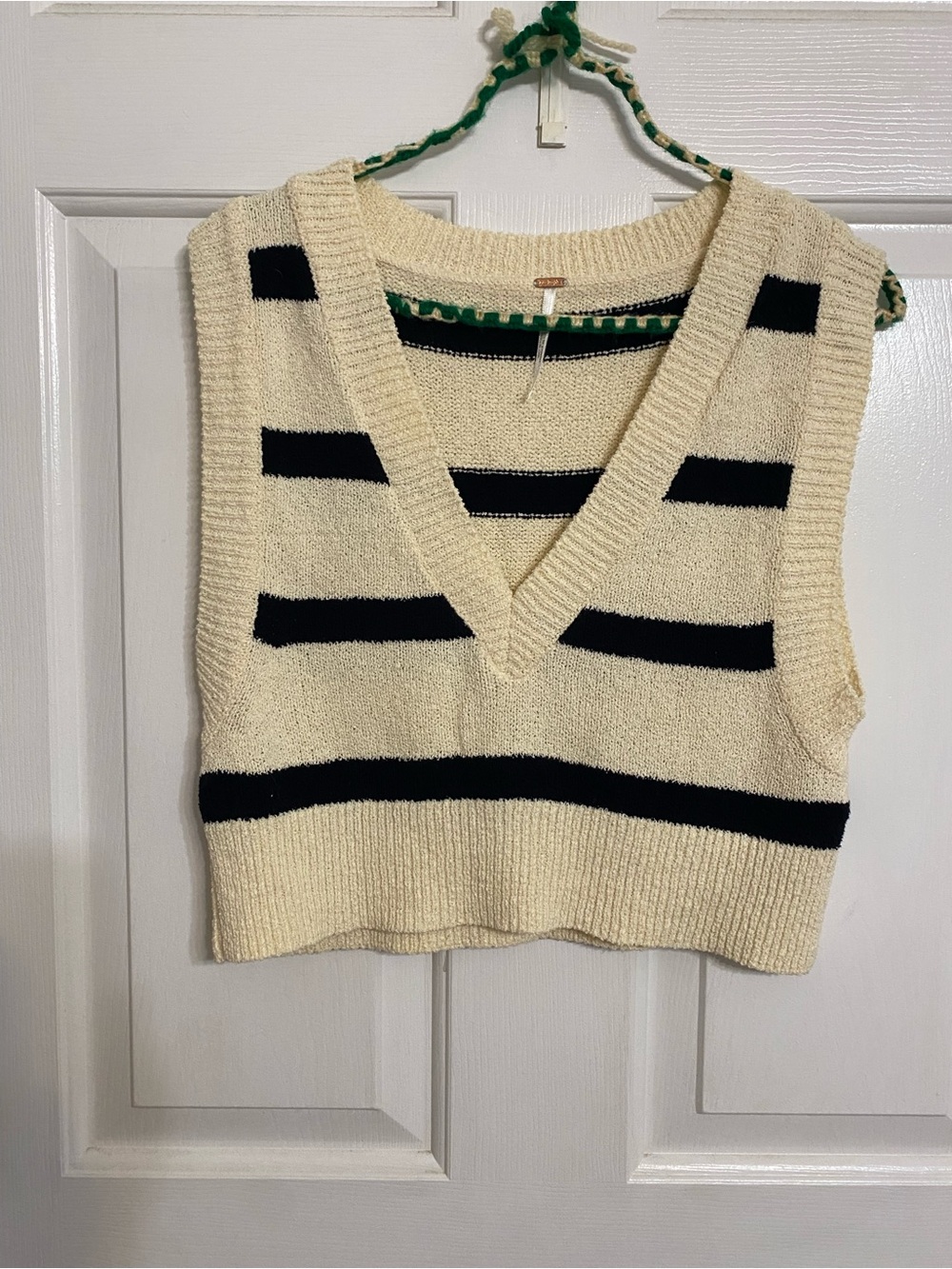 Free People Cream and Black Striped V-Neck Sweater Vest